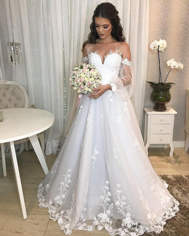 Long Princess Off-the-shoulder Tulle Wedding Dress with Bubble Sleeves