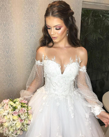 Long Princess Off-the-shoulder Tulle Wedding Dress with Bubble Sleeves