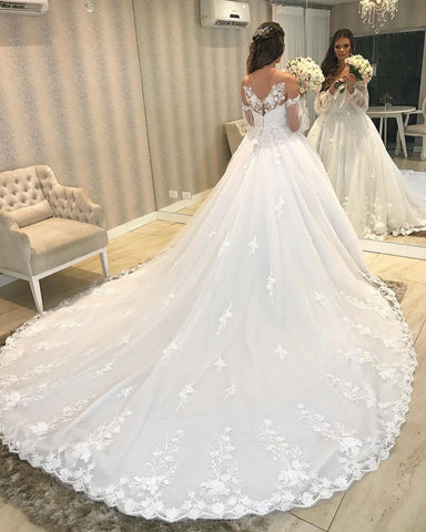 Long Princess Off-the-shoulder Tulle Wedding Dress with Bubble Sleeves