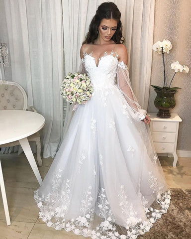 Long Princess Off-the-shoulder Tulle Wedding Dress with Bubble Sleeves