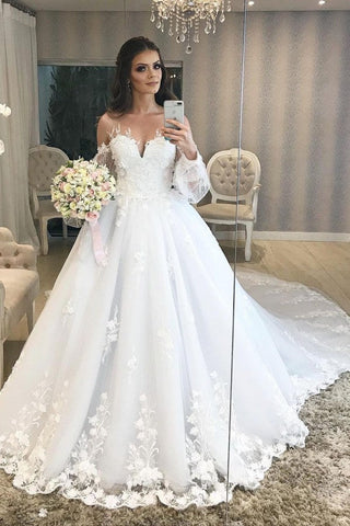 Long Princess Off-the-shoulder Tulle Wedding Dress with Bubble Sleeves