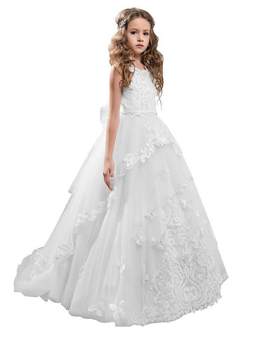 Long Princess Pageant Lace Tulle Sleeveless Jewel Neck Flower Girl Dresses