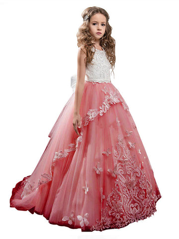 Long Princess Pageant Lace Tulle Sleeveless Jewel Neck Flower Girl Dresses