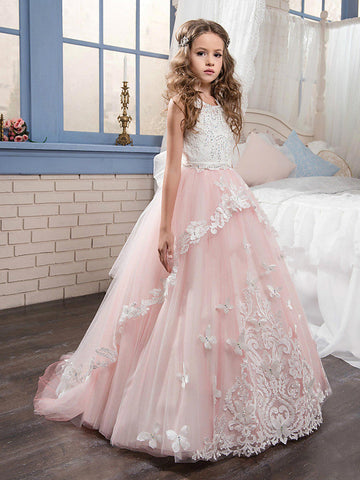 Long Princess Pageant Lace Tulle Sleeveless Jewel Neck Flower Girl Dresses