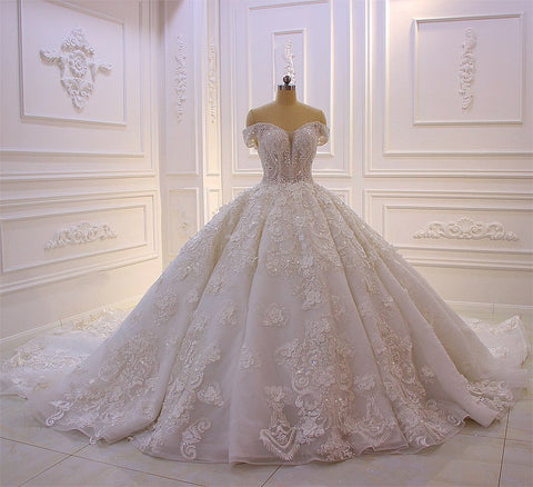 Long Princess Sweetheart Off-the-Shoulder Backless Appliques Lace Ruffles Tulle Wedding Dress
