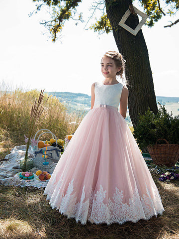 Long Princess Tulle Cotton Jewel Neck Party Birthday Pageant Flower Girl Dresses