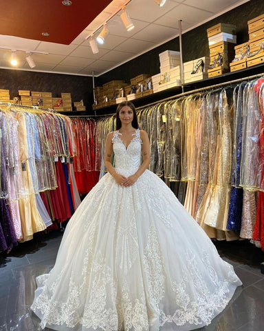 Long Princess V-neck Appliques Lace Backless Wedding Dress