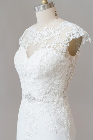 Long Sheath  Illusion Lace Wedding Dress with Cap Sleeve