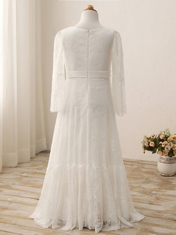 Long Sheath V Neck Maxi Wedding Birthday Holiday Flower Girl Dresses with Sleeves