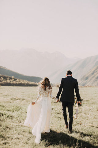 Long Sleeve A-line Appliques Lace Chiffon Wedding Dress