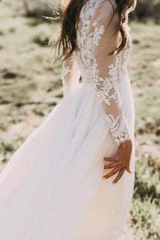 Long Sleeve A-line Appliques Lace Chiffon Wedding Dress