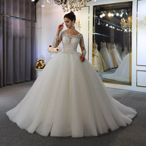 Long Sleeve A-Line Bateau Appliques Lace Sequins Wedding Dress