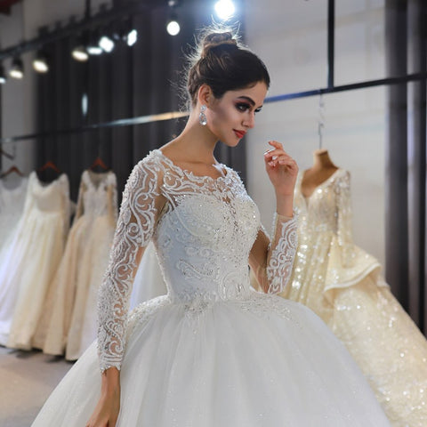 Long Sleeve A-Line Bateau Appliques Lace Sequins Wedding Dress