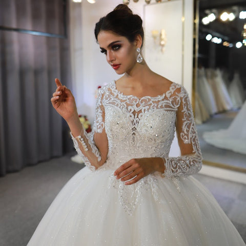 Long Sleeve A-Line Bateau Appliques Lace Sequins Wedding Dress