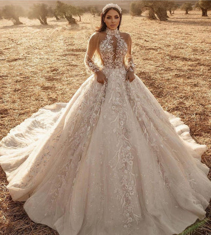 Long Sleeve A-Line High-neck Appliques Lace Tulle Wedding Dress