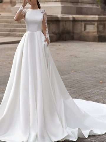 Long Sleeve A-Line Jewel Neck Sweep Brush Train Lace Satin Wedding Dresses with Pockets