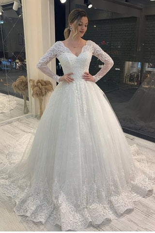 Long Sleeve A-Line V-neck Appliques Lace Backless Tulle Wedding Dress