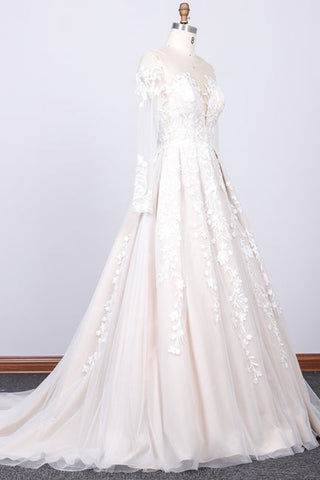 Long Sleeve Appliques Tulle A-line Wedding Dress