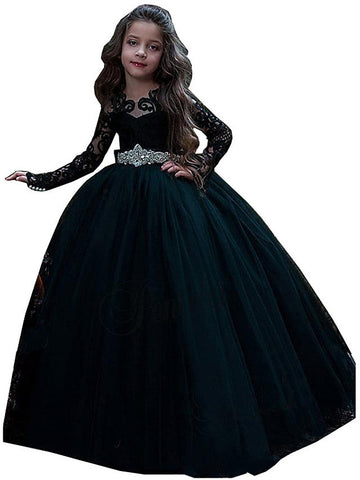 Long Sleeve Black Ball Gown Sweep Brush Train Wedding Party Flower Girl Dresses