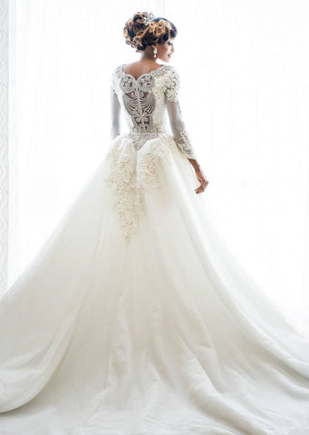 Long Sleeve Mermaid Beads Lace Appliques Wedding Dresses with Overskirt