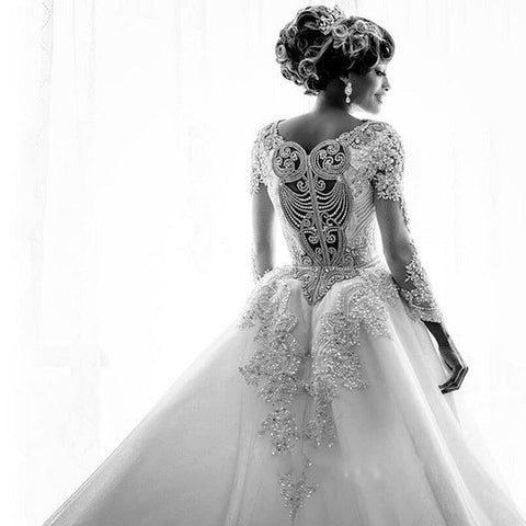 Long Sleeve Mermaid Beads Lace Appliques Wedding Dresses with Overskirt