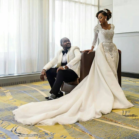 Long Sleeve Mermaid Beads Lace Appliques Wedding Dresses with Overskirt