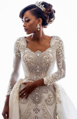 Long Sleeve Mermaid Beads Lace Appliques Wedding Dresses with Overskirt