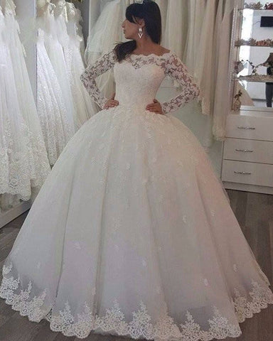 Long Sleeve Off the Shoulder Princess Wedding Dress With Appliques Lace
