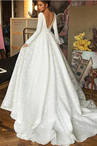 Long Sleeve V-neck Boho Bridal Gowns Satin Backless Lace Wedding Dress