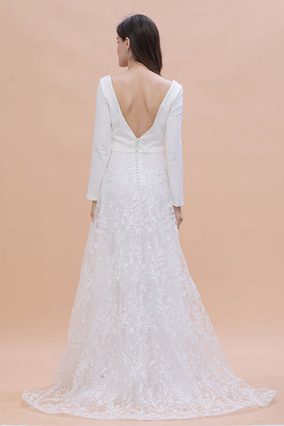 Long Sleeve V-neck Boho Bridal Gowns Satin Backless Lace Wedding Dress