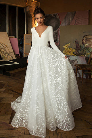 Long Sleeve V-neck Boho Bridal Gowns Satin Backless Lace Wedding Dress