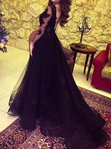 Long Sleeves A-Line Bateau Neck Sweep Brush Train Lace Prom Dresses with Slit