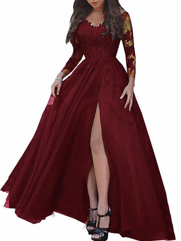 Long Sleeves A-Line Bateau Neck Sweep Brush Train Lace Prom Dresses with Slit