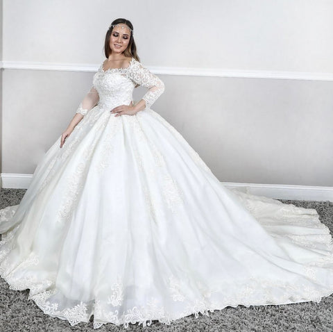 Long Sleeves Lace Square neck puffy Princess Wedding Dress