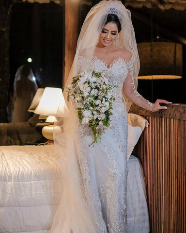 Long Sleeves Mermaid Off-the-shoulder Tulle Wedding Dress with Appliques Lace