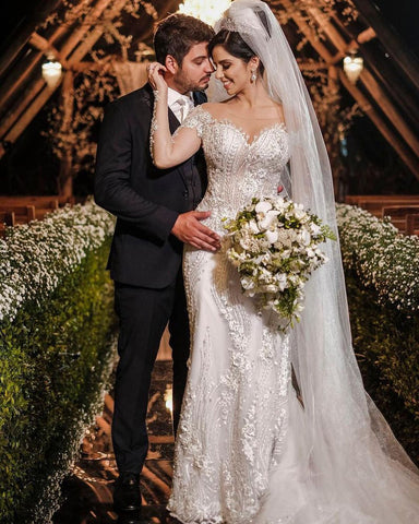 Long Sleeves Mermaid Off-the-shoulder Tulle Wedding Dress with Appliques Lace