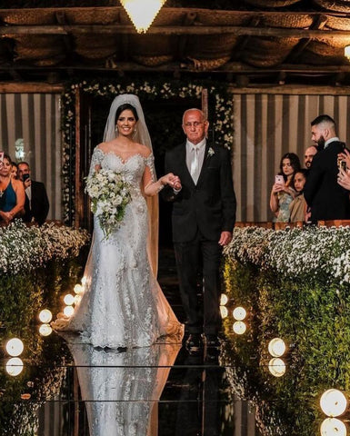 Long Sleeves Mermaid Off-the-shoulder Tulle Wedding Dress with Appliques Lace