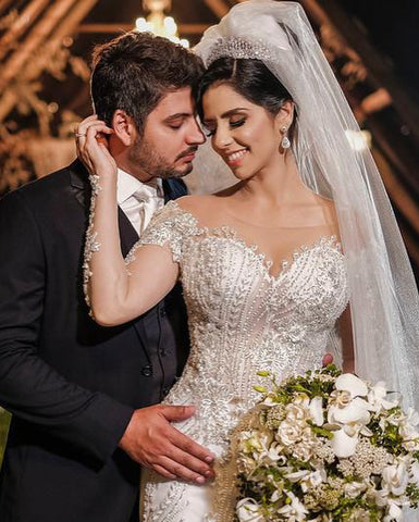 Long Sleeves Mermaid Off-the-shoulder Tulle Wedding Dress with Appliques Lace