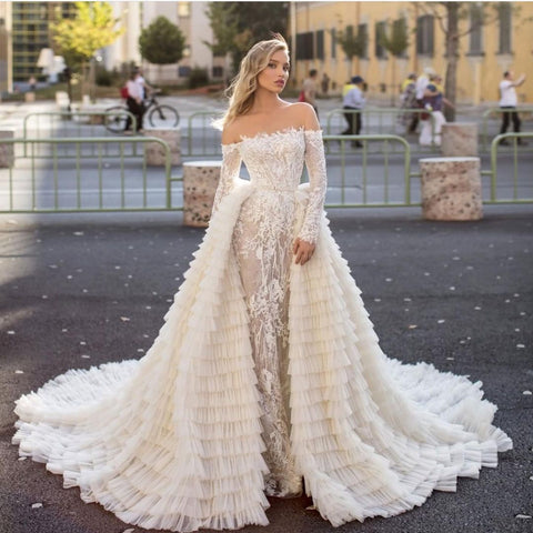 Long Sleeves Off the Shoulder Mermaid Wedding Dress With Train