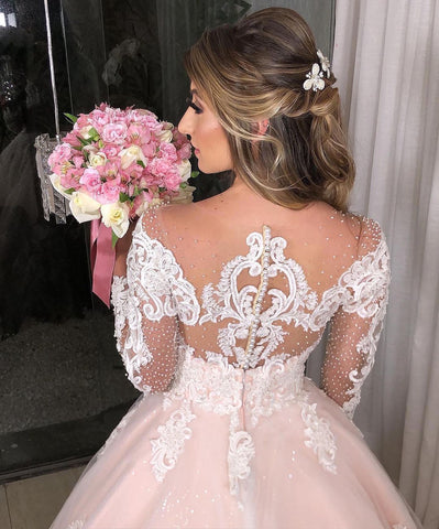 Long Sleeves Princess Off-the-shoulder Tulle Floral Lace Appliques Wedding Dress