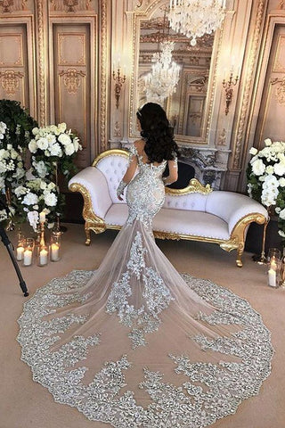 Long Sleeves Tulle High Neck Appliques Lace Wedding Dresses with Detachable Overskirt