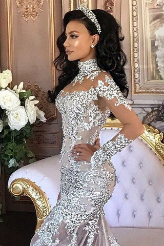 Long Sleeves Tulle High Neck Appliques Lace Wedding Dresses with Detachable Overskirt