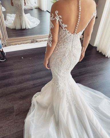 Long Sleeves V-Neck Lace Mermaid Wedding Dress On Sale