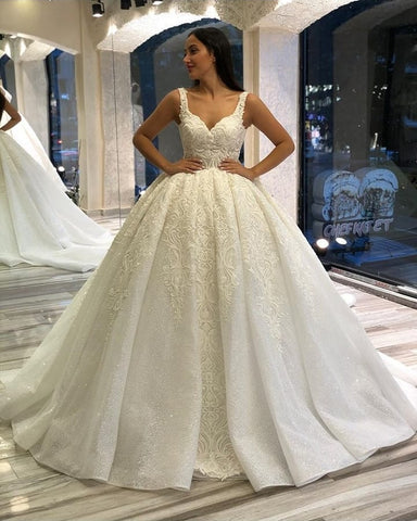 Long Sweetheart Backless Appliques Lace Sequins Ball Gown Wedding Dress