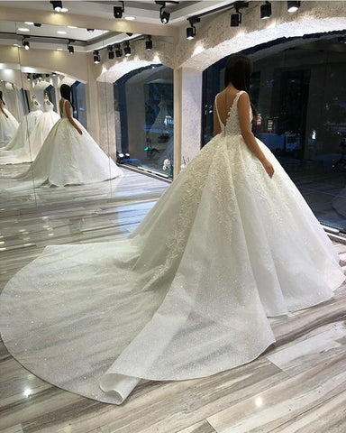 Long Sweetheart Backless Appliques Lace Sequins Ball Gown Wedding Dress