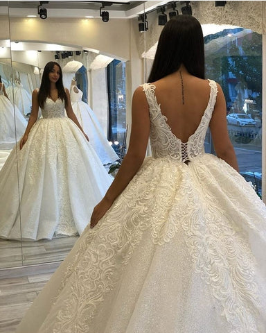Long Sweetheart Backless Appliques Lace Sequins Ball Gown Wedding Dress