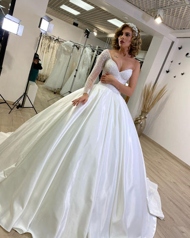 Long Sweetheart Satin Ruffles Ball Gown Wedding Dress with Sleeves