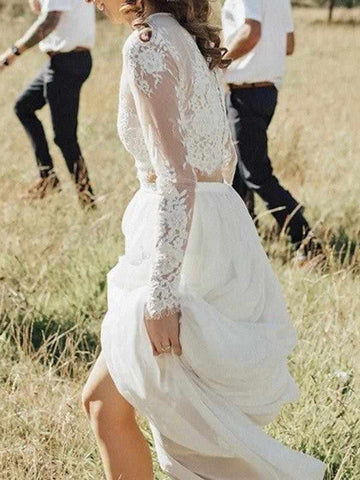 Long Two Piece A-Line Jewel Neck Lace Chiffon Wedding Dresses with Sleeves