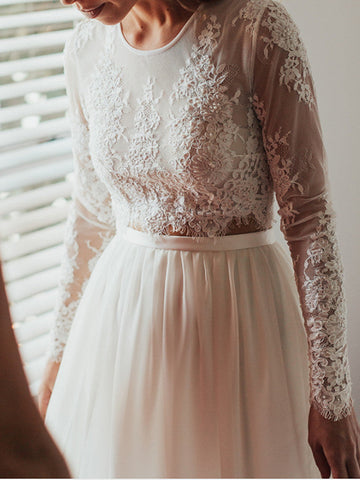 Long Two Piece A-Line Jewel Neck Lace Chiffon Wedding Dresses with Sleeves