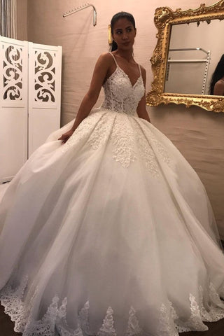 Long V-neck Spaghetti Straps Appliques Lace Tulle Ball Gown Wedding Dress